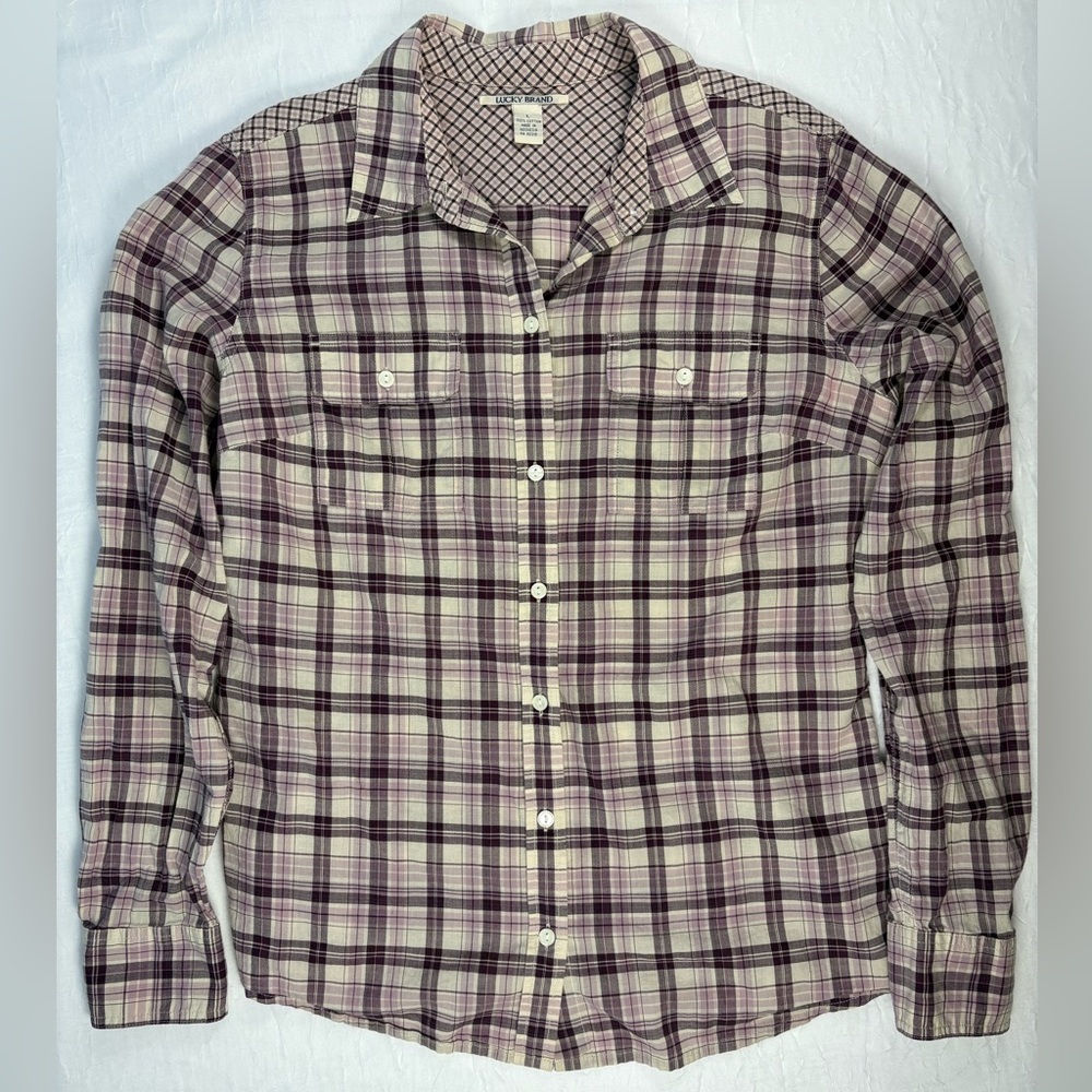 Lucky Brand Women’s Purple Plaid Long Sleeve Button Up Shirt 100% Cotton Size L